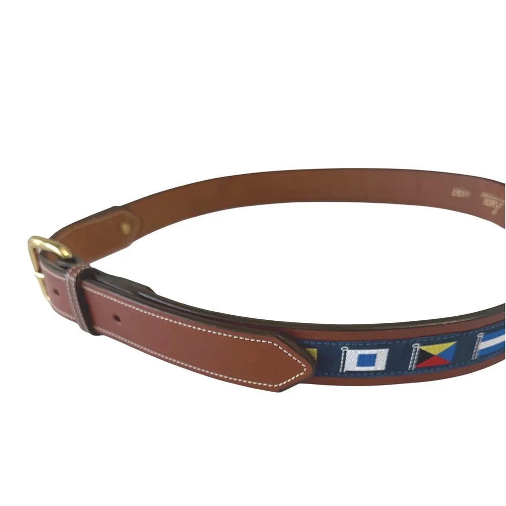 Tory Leather Mens Nautical Flag Belt 38 English Bridle Leather Brown USA 2531
